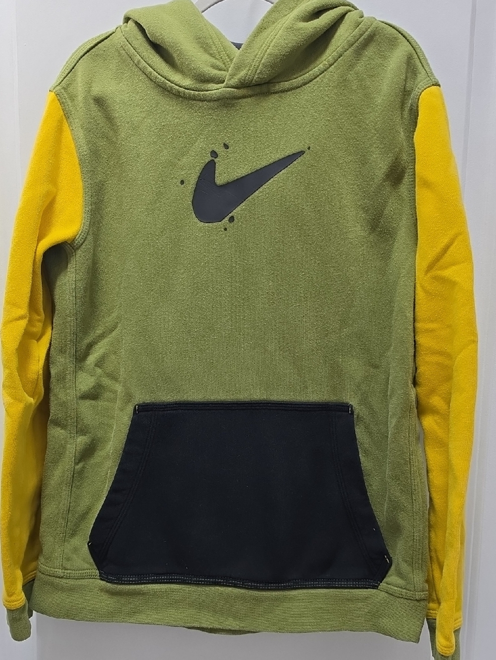 Nike Olive Green and Yellow Hoodie with Black Pocket